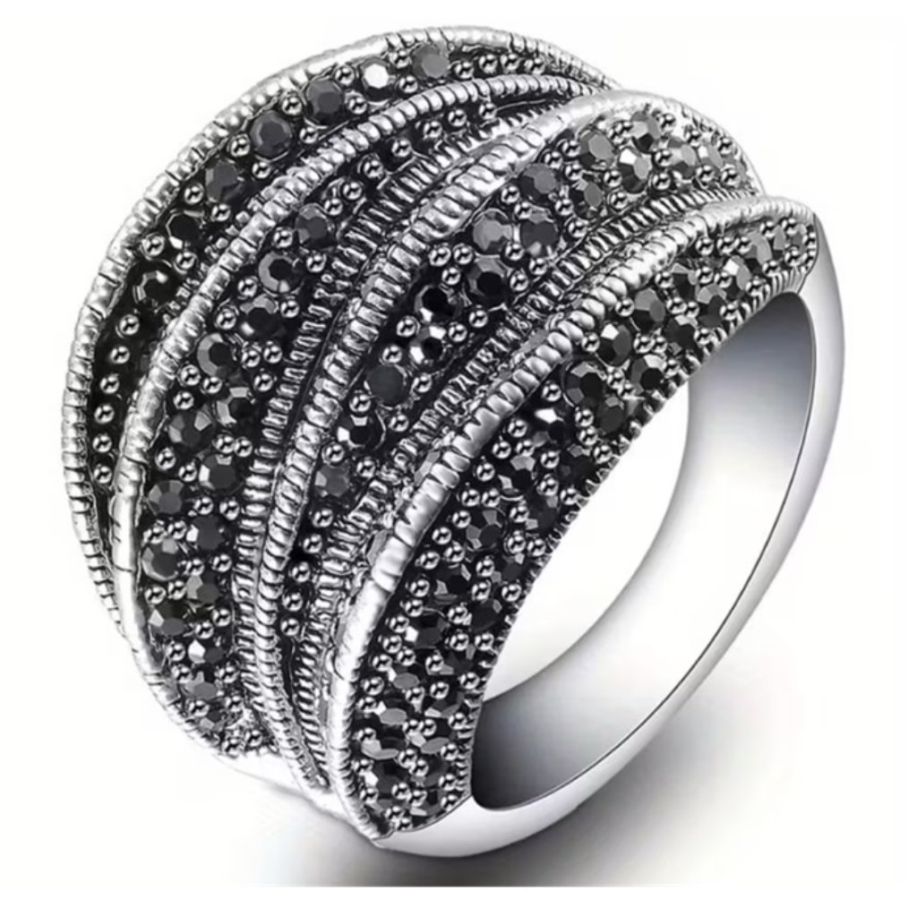 Platinum Plated & Black Zirconia Intertwined Crossover Chunky Statement Ring